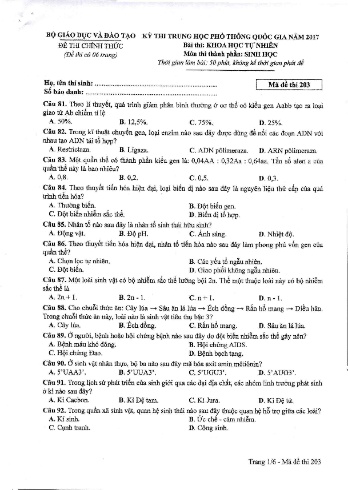Đề thi THPT quốc gia năm 2017 môn Sinh học - Mã đề 203 (Kèm đáp án)