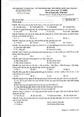 Đề thi THPT quốc gia năm 2017 môn Sinh học - Mã đề 204 (Kèm đáp án)