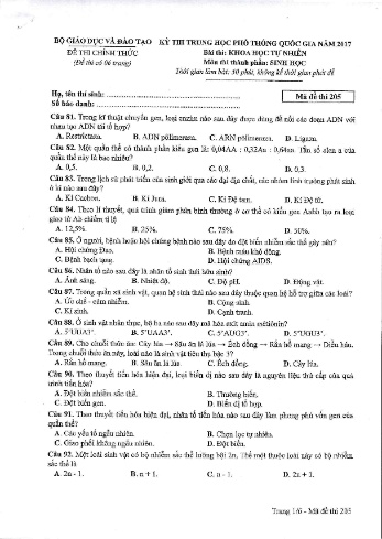 Đề thi THPT quốc gia năm 2017 môn Sinh học - Mã đề 205 (Kèm đáp án)