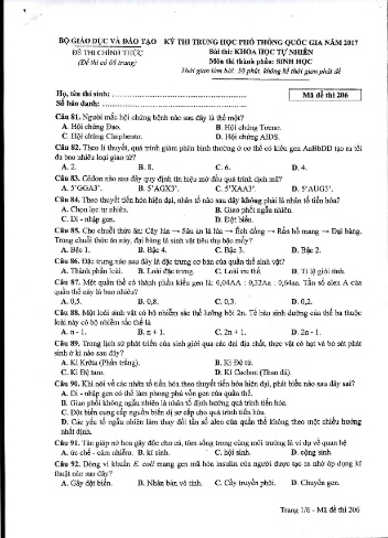 Đề thi THPT quốc gia năm 2017 môn Sinh học - Mã đề 206 (Kèm đáp án)