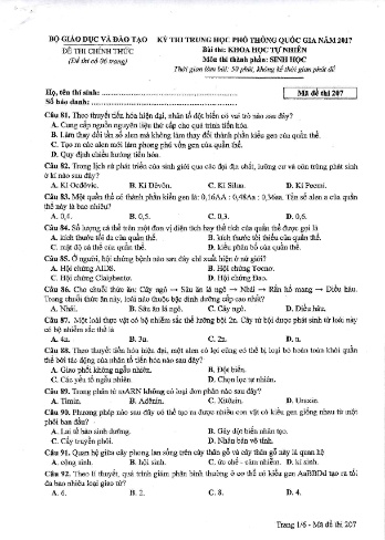 Đề thi THPT quốc gia năm 2017 môn Sinh học - Mã đề 207 (Kèm đáp án)