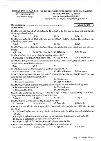 Đề thi THPT quốc gia năm 2017 môn Sinh học - Mã đề 208 (Kèm đáp án)