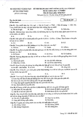 Đề thi THPT quốc gia năm 2017 môn Sinh học - Mã đề 209 (Kèm đáp án)