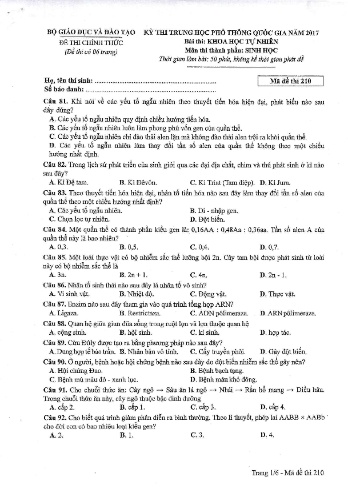 Đề thi THPT quốc gia năm 2017 môn Sinh học - Mã đề 210 (Kèm đáp án)
