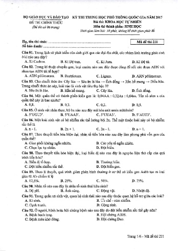 Đề thi THPT quốc gia năm 2017 môn Sinh học - Mã đề 211 (Kèm đáp án)