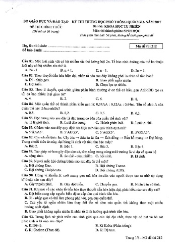 Đề thi THPT quốc gia năm 2017 môn Sinh học - Mã đề 212 (Kèm đáp án)