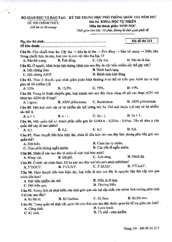 Đề thi THPT quốc gia năm 2017 môn Sinh học - Mã đề 213 (Kèm đáp án)