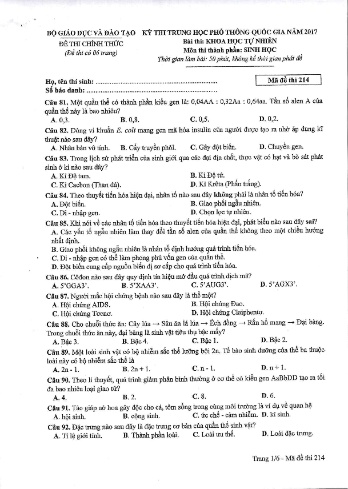 Đề thi THPT quốc gia năm 2017 môn Sinh học - Mã đề 214 (Kèm đáp án)