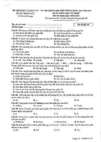 Đề thi THPT quốc gia năm 2017 môn Sinh học - Mã đề 215 (Kèm đáp án)