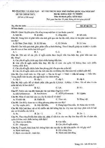 Đề thi THPT quốc gia năm 2017 môn Sinh học - Mã đề 216 (Kèm đáp án)