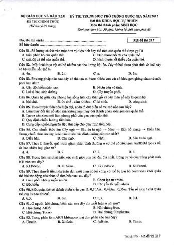 Đề thi THPT quốc gia năm 2017 môn Sinh học - Mã đề 217 (Kèm đáp án)