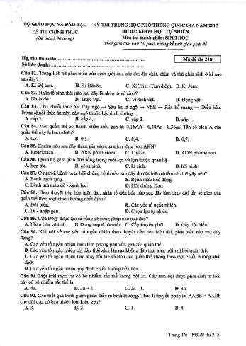 Đề thi THPT quốc gia năm 2017 môn Sinh học - Mã đề 218 (Kèm đáp án)