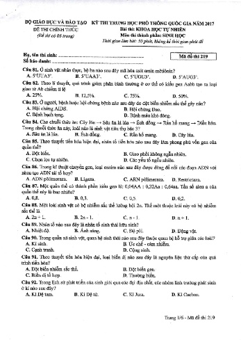 Đề thi THPT quốc gia năm 2017 môn Sinh học - Mã đề 219 (Kèm đáp án)