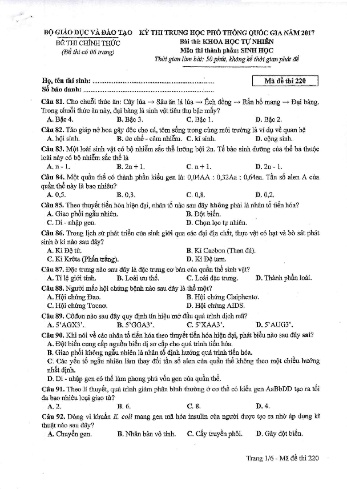 Đề thi THPT quốc gia năm 2017 môn Sinh học - Mã đề 220 (Kèm đáp án)
