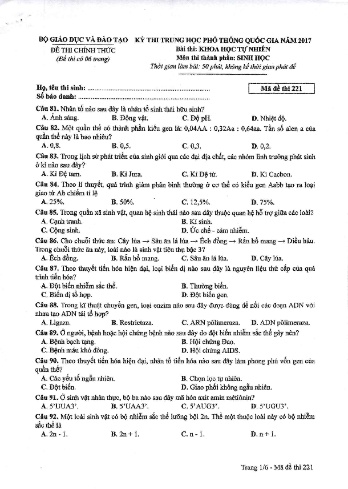 Đề thi THPT quốc gia năm 2017 môn Sinh học - Mã đề 221 (Kèm đáp án)