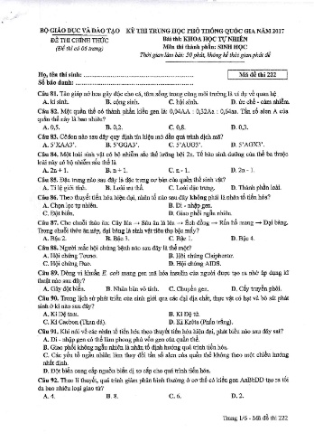 Đề thi THPT quốc gia năm 2017 môn Sinh học - Mã đề 222 (Kèm đáp án)