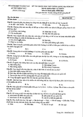 Đề thi THPT quốc gia năm 2017 môn Sinh học - Mã đề 223 (Kèm đáp án)