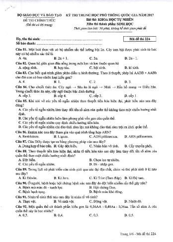 Đề thi THPT quốc gia năm 2017 môn Sinh học - Mã đề 224 (Kèm đáp án)
