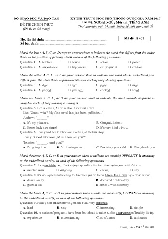 Đề thi THPT quốc gia năm 2017 môn Tiếng Anh - Mã đề 401 (Kèm đáp án)