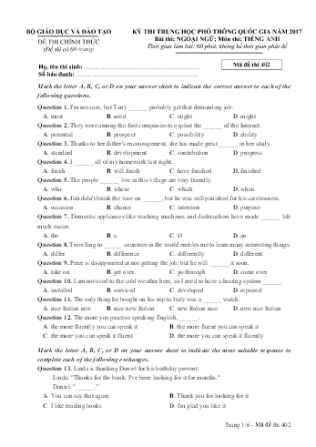 Đề thi THPT quốc gia năm 2017 môn Tiếng Anh - Mã đề 402 (Kèm đáp án)