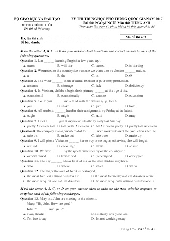 Đề thi THPT quốc gia năm 2017 môn Tiếng Anh - Mã đề 403 (Kèm đáp án)