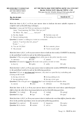 Đề thi THPT quốc gia năm 2017 môn Tiếng Anh - Mã đề 404 (Kèm đáp án)