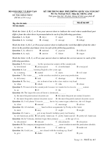 Đề thi THPT quốc gia năm 2017 môn Tiếng Anh - Mã đề 405 (Kèm đáp án)