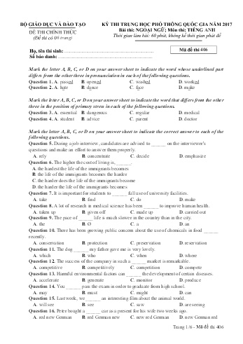 Đề thi THPT quốc gia năm 2017 môn Tiếng Anh - Mã đề 406 (Kèm đáp án)