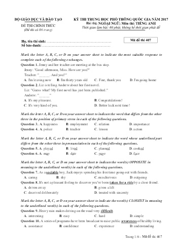 Đề thi THPT quốc gia năm 2017 môn Tiếng Anh - Mã đề 407 (Kèm đáp án)