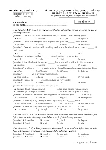 Đề thi THPT quốc gia năm 2017 môn Tiếng Anh - Mã đề 408 (Kèm đáp án)