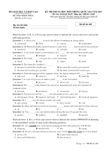 Đề thi THPT quốc gia năm 2017 môn Tiếng Anh - Mã đề 409 (Kèm đáp án)