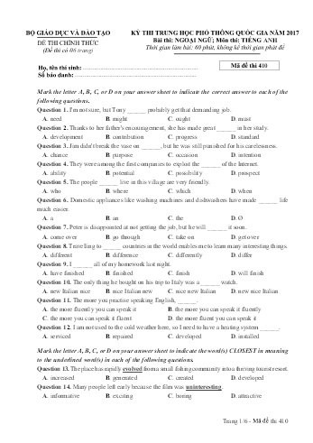 Đề thi THPT quốc gia năm 2017 môn Tiếng Anh - Mã đề 410 (Kèm đáp án)