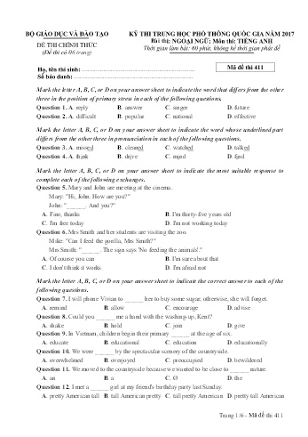 Đề thi THPT quốc gia năm 2017 môn Tiếng Anh - Mã đề 411 (Kèm đáp án)