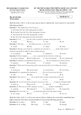 Đề thi THPT quốc gia năm 2017 môn Tiếng Anh - Mã đề 412 (Kèm đáp án)