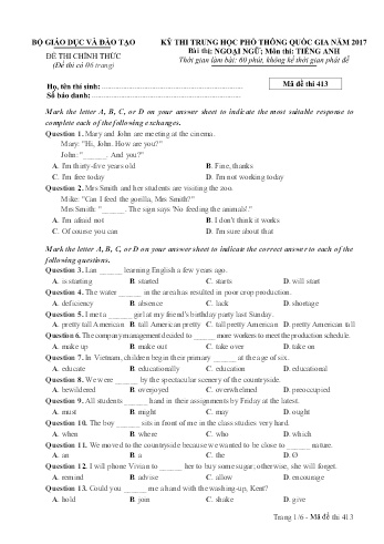 Đề thi THPT quốc gia năm 2017 môn Tiếng Anh - Mã đề 413 (Kèm đáp án)