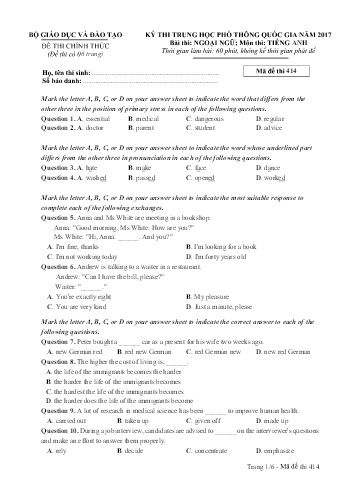 Đề thi THPT quốc gia năm 2017 môn Tiếng Anh - Mã đề 414 (Kèm đáp án)