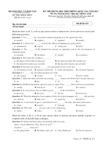 Đề thi THPT quốc gia năm 2017 môn Tiếng Anh - Mã đề 415 (Kèm đáp án)
