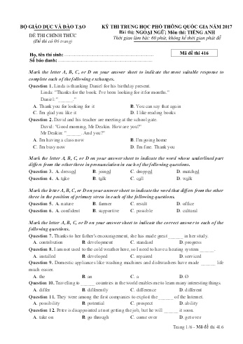 Đề thi THPT quốc gia năm 2017 môn Tiếng Anh - Mã đề 416 (Kèm đáp án)