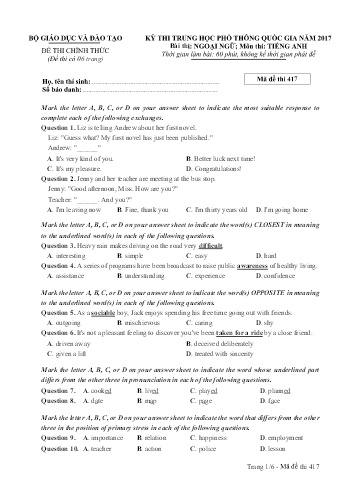 Đề thi THPT quốc gia năm 2017 môn Tiếng Anh - Mã đề 417 (Kèm đáp án)