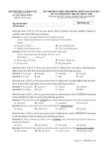 Đề thi THPT quốc gia năm 2017 môn Tiếng Anh - Mã đề 418 (Kèm đáp án)