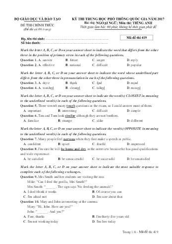 Đề thi THPT quốc gia năm 2017 môn Tiếng Anh - Mã đề 419 (Kèm đáp án)