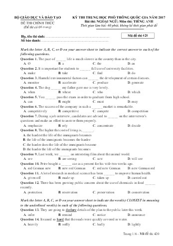 Đề thi THPT quốc gia năm 2017 môn Tiếng Anh - Mã đề 420 (Kèm đáp án)