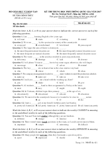 Đề thi THPT quốc gia năm 2017 môn Tiếng Anh - Mã đề 421 (Kèm đáp án)