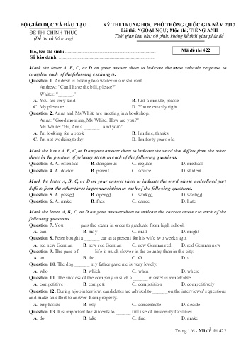 Đề thi THPT quốc gia năm 2017 môn Tiếng Anh - Mã đề 422 (Kèm đáp án)