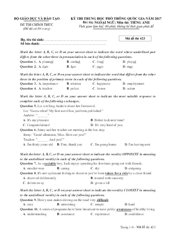 Đề thi THPT quốc gia năm 2017 môn Tiếng Anh - Mã đề 423 (Kèm đáp án)