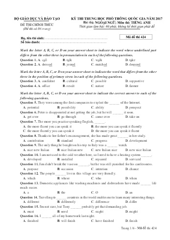 Đề thi THPT quốc gia năm 2017 môn Tiếng Anh - Mã đề 424 (Kèm đáp án)