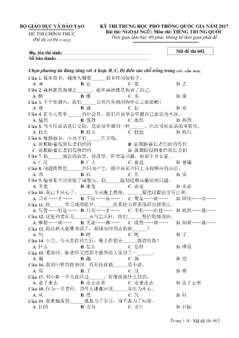 Đề thi THPT quốc gia năm 2017 môn Tiếng Trung quốc - Mã đề 602 (Kèm đáp án)