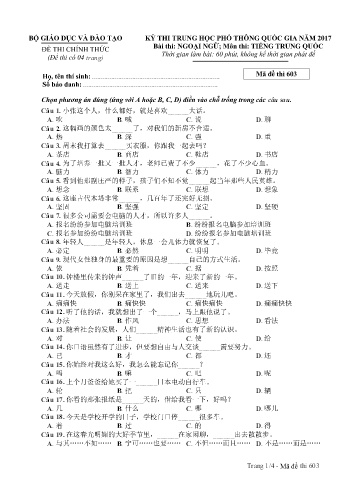Đề thi THPT quốc gia năm 2017 môn Tiếng Trung quốc - Mã đề 603 (Kèm đáp án)