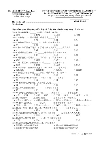 Đề thi THPT quốc gia năm 2017 môn Tiếng Trung quốc - Mã đề 605 (Kèm đáp án)
