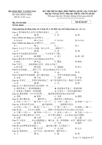 Đề thi THPT quốc gia năm 2017 môn Tiếng Trung quốc - Mã đề 607 (Kèm đáp án)